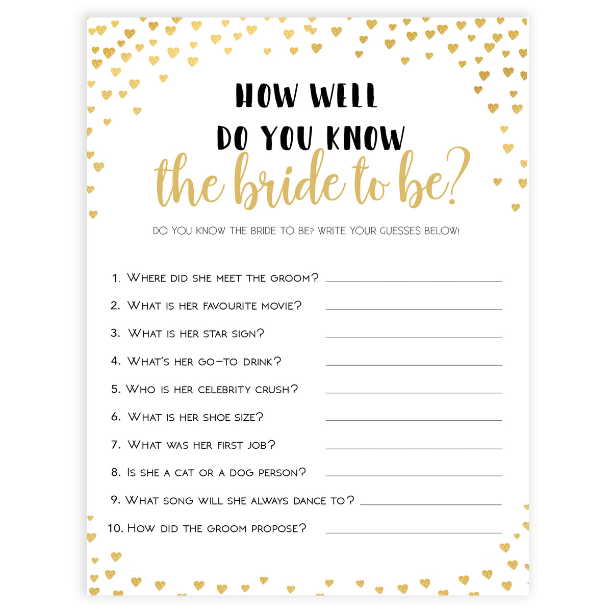 Do You Know the Bride in Gold Hearts | Shop Bridal Shower Games ...