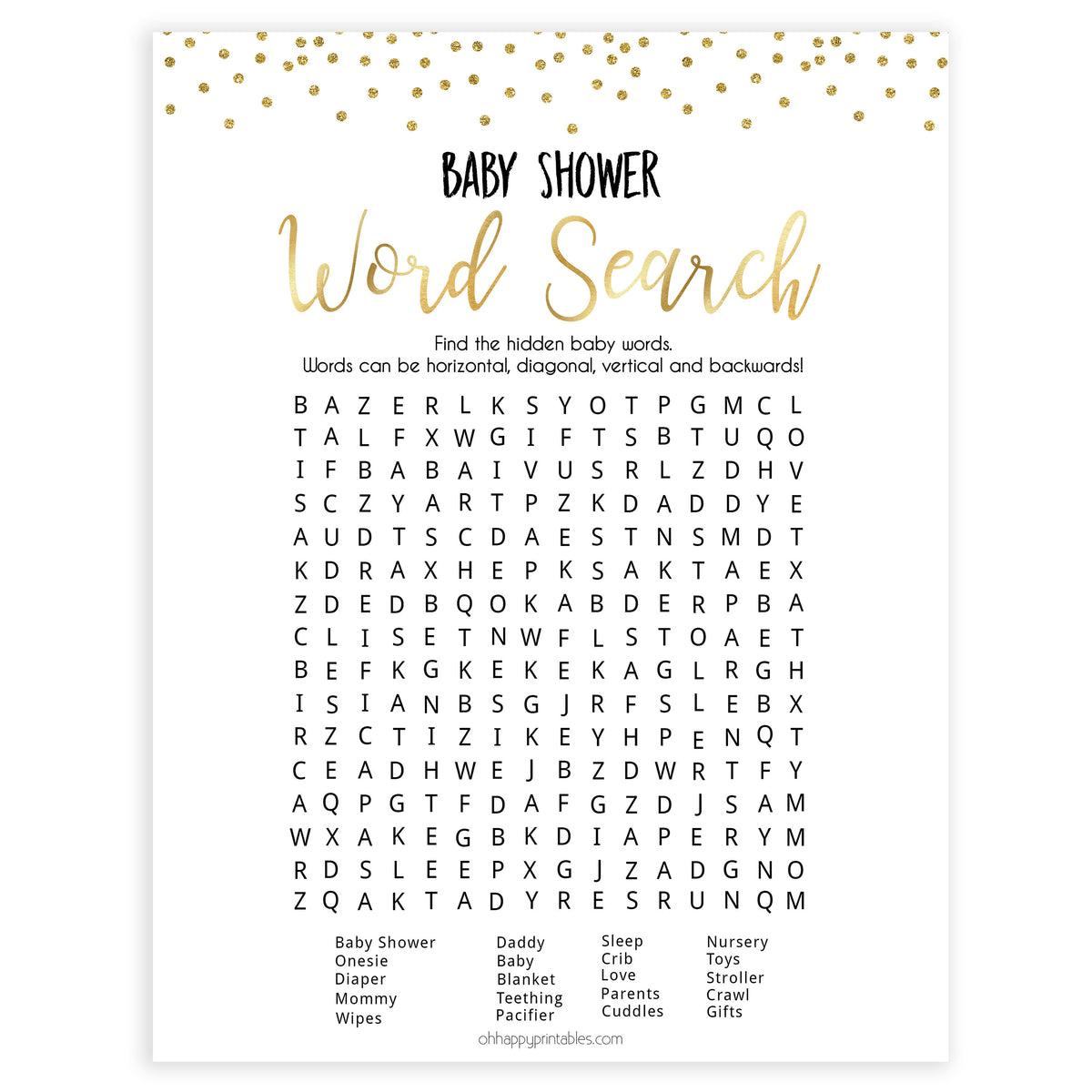 baby word search gold glitter printable baby shower games