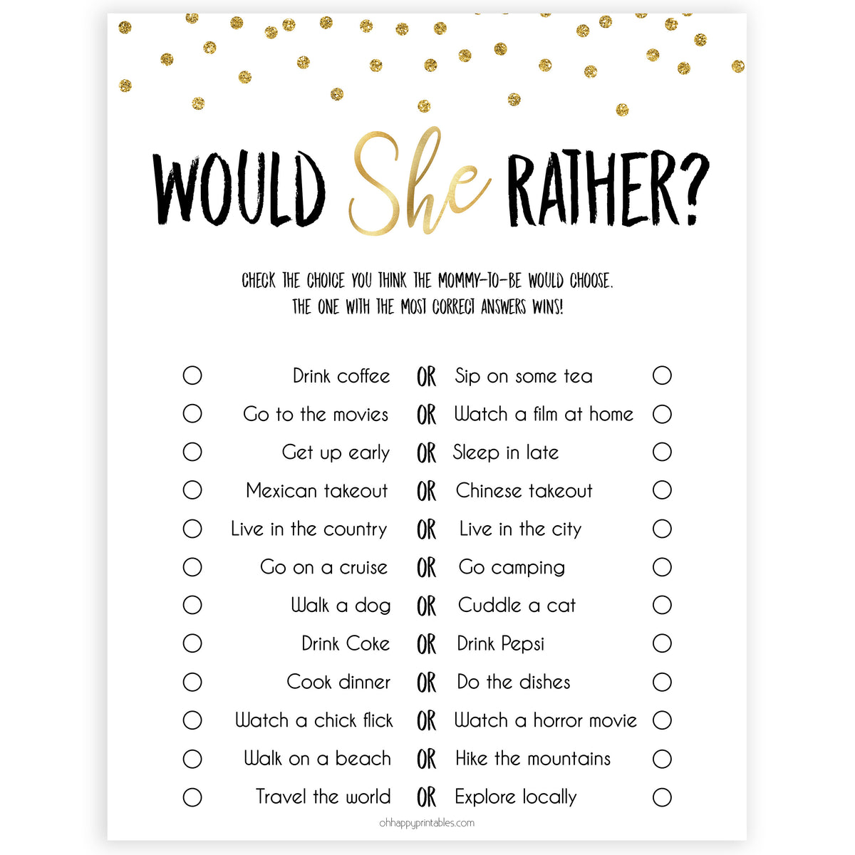 would she rather printable gold baby shower games ohhappyprintables