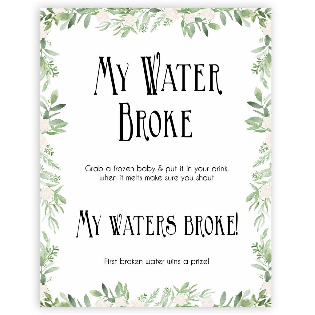 My Waters Broke Baby Shower Game Greenery Printable Baby Games