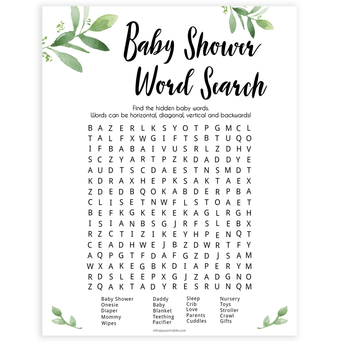 Baby Shower Word Search Free Printable