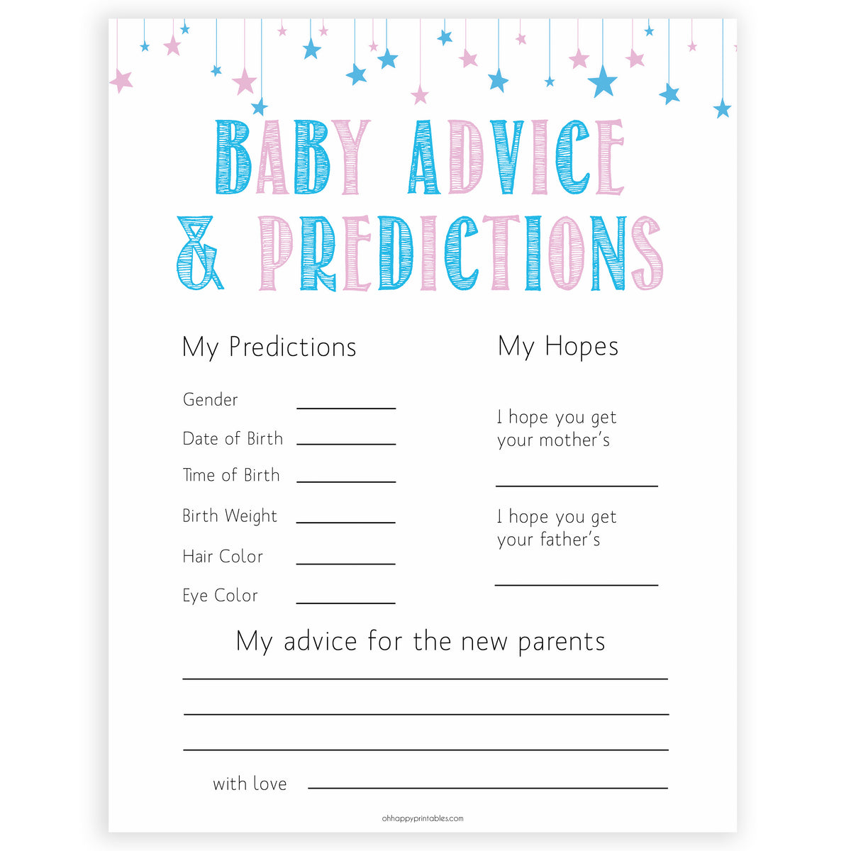 new baby advice predictions card gender reveal