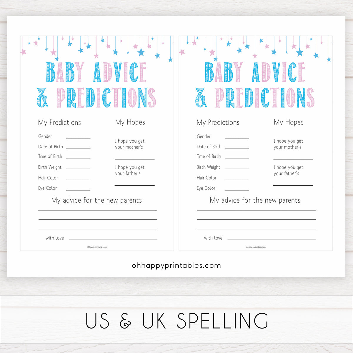 New Baby Advice & Predictions Card Gender Reveal Printable Baby Games