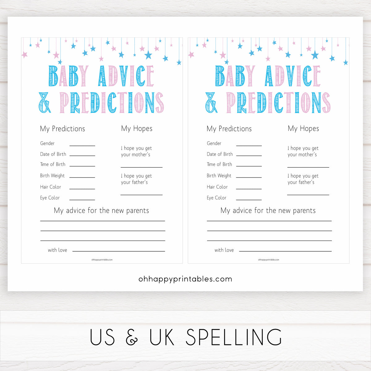 New Baby Advice Predictions Card Gender Reveal Printable Baby Games 