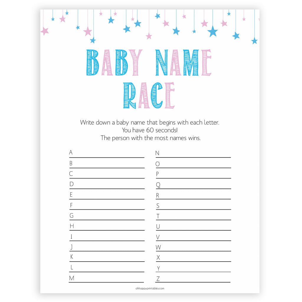 baby name race game printable gender reveal baby shower games