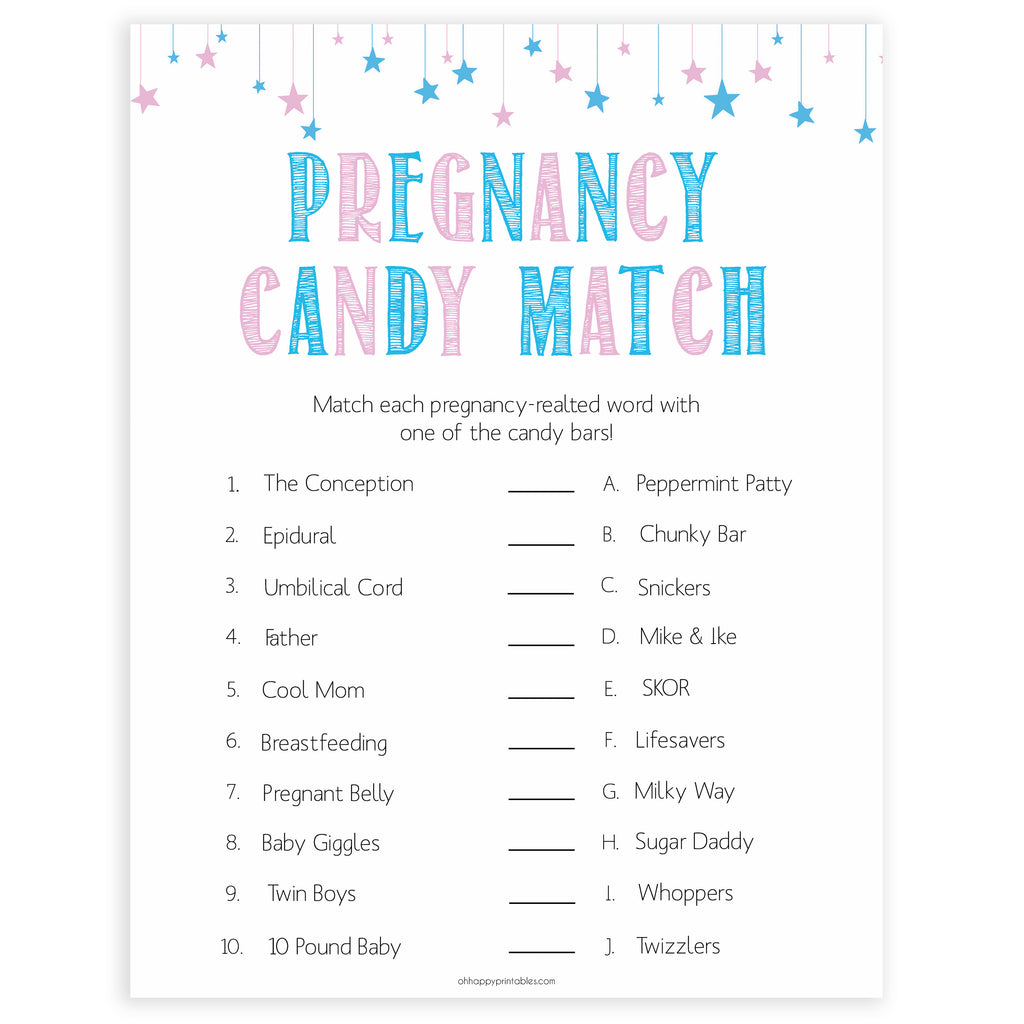 Pregnancy Candy Match Gender Reveal Printable Baby Games