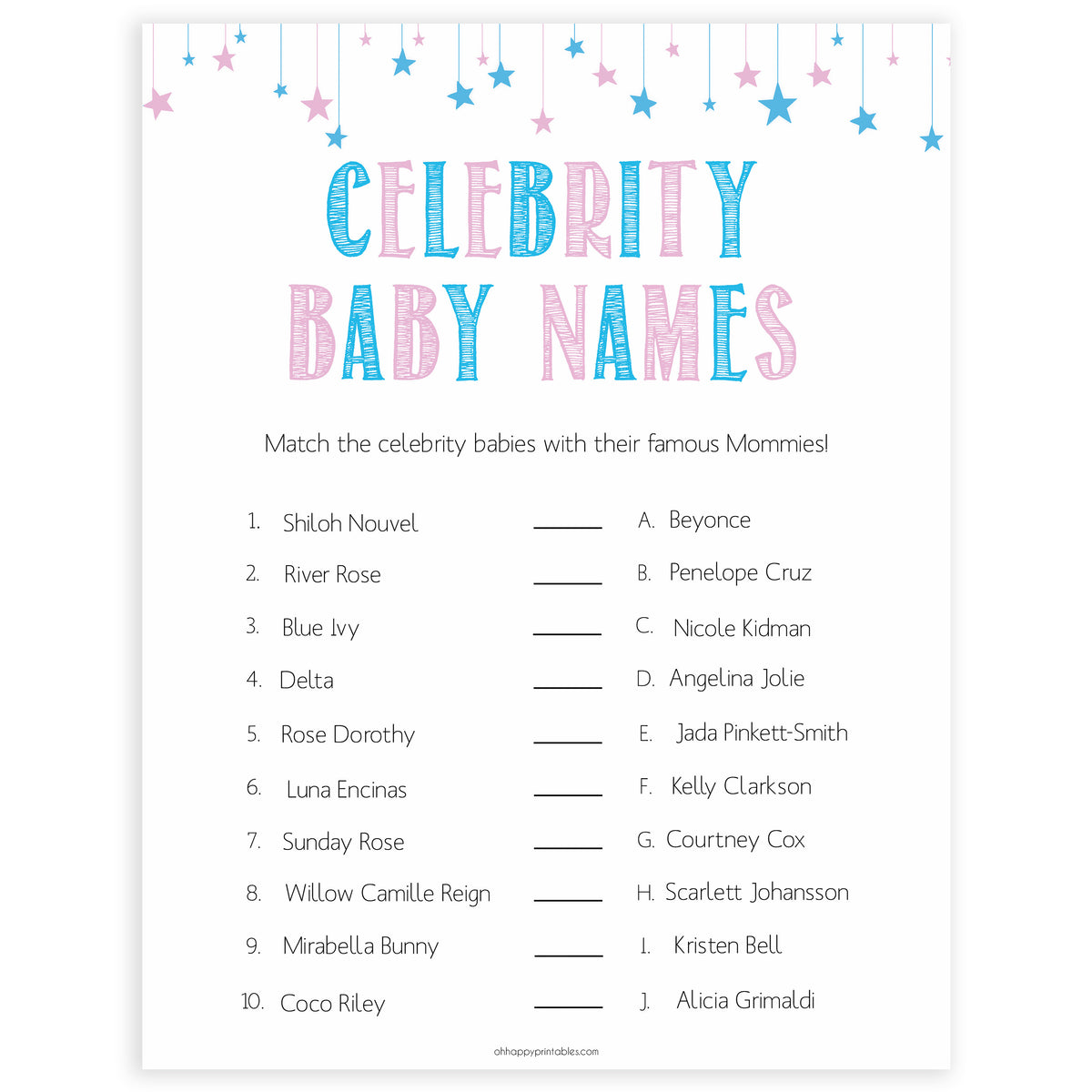 Match The Celebrity Baby Names Gender Reveal Printable Baby Games