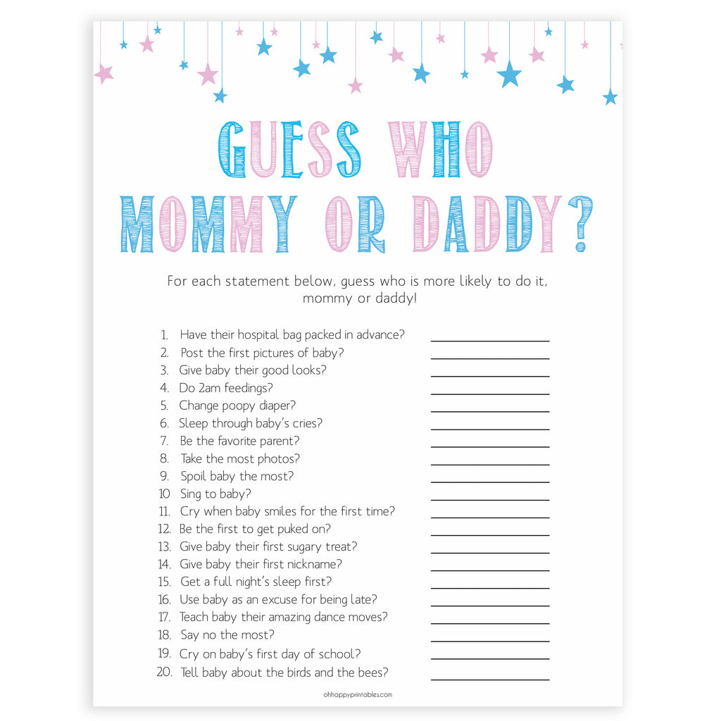 Guess Who's Most Like to Say Game Gender Reveal Baby Shower Games