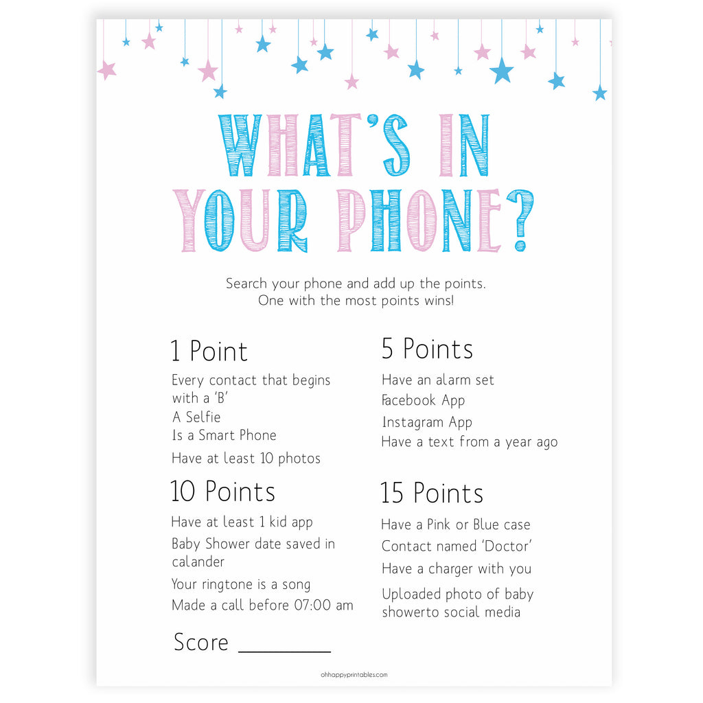 whats in your phone game gender reveal printable baby