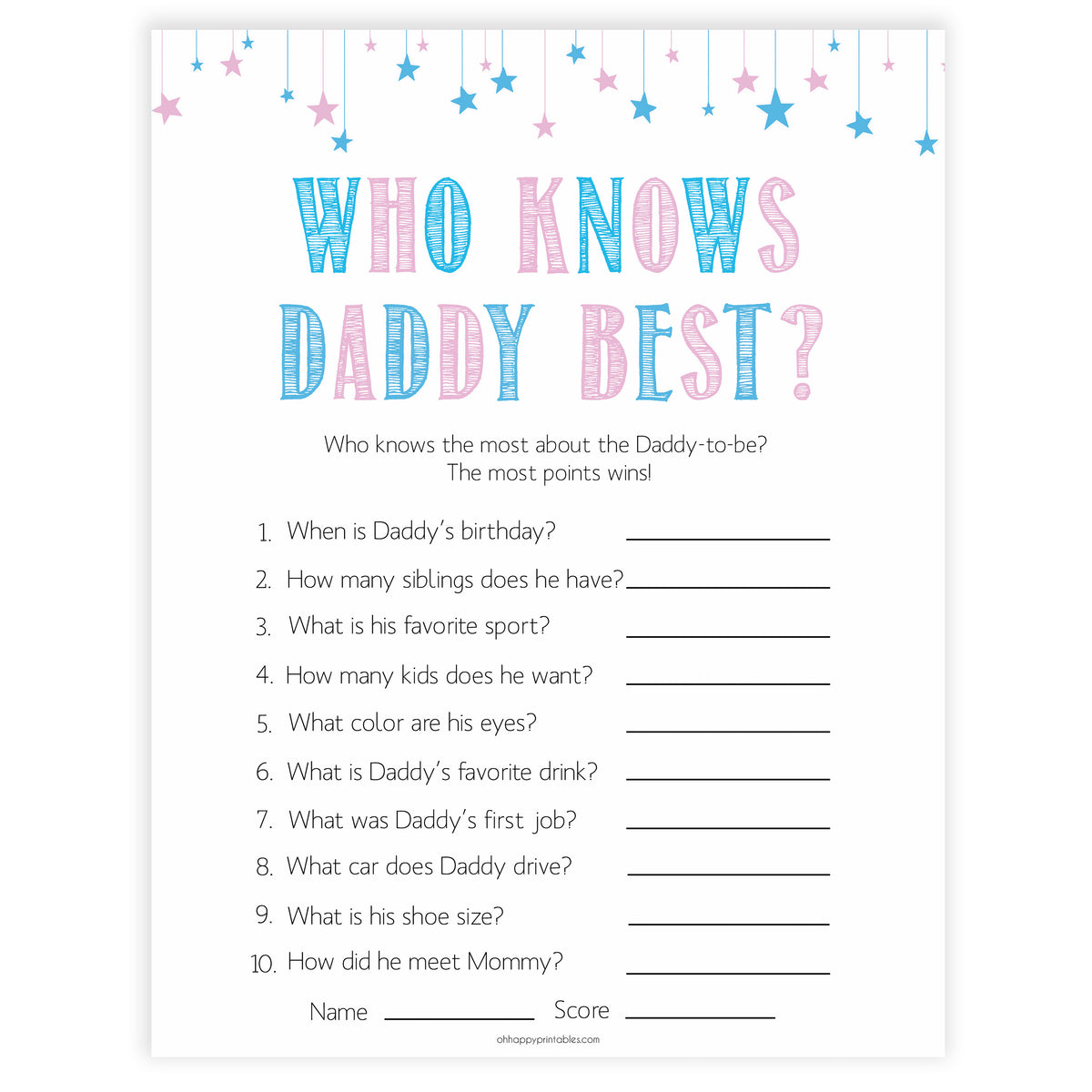 who knows daddy best game gender reveal printable baby