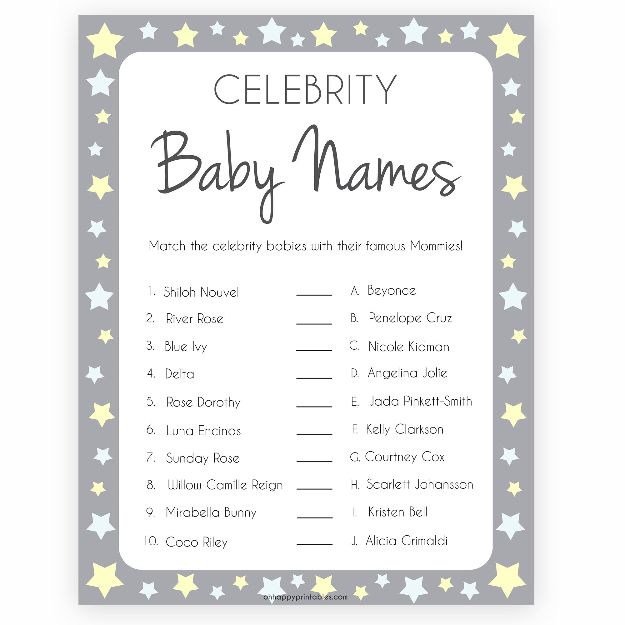Grey Yellow Stars Baby Shower Shop Printable Baby Shower Games Ohhappyprintables