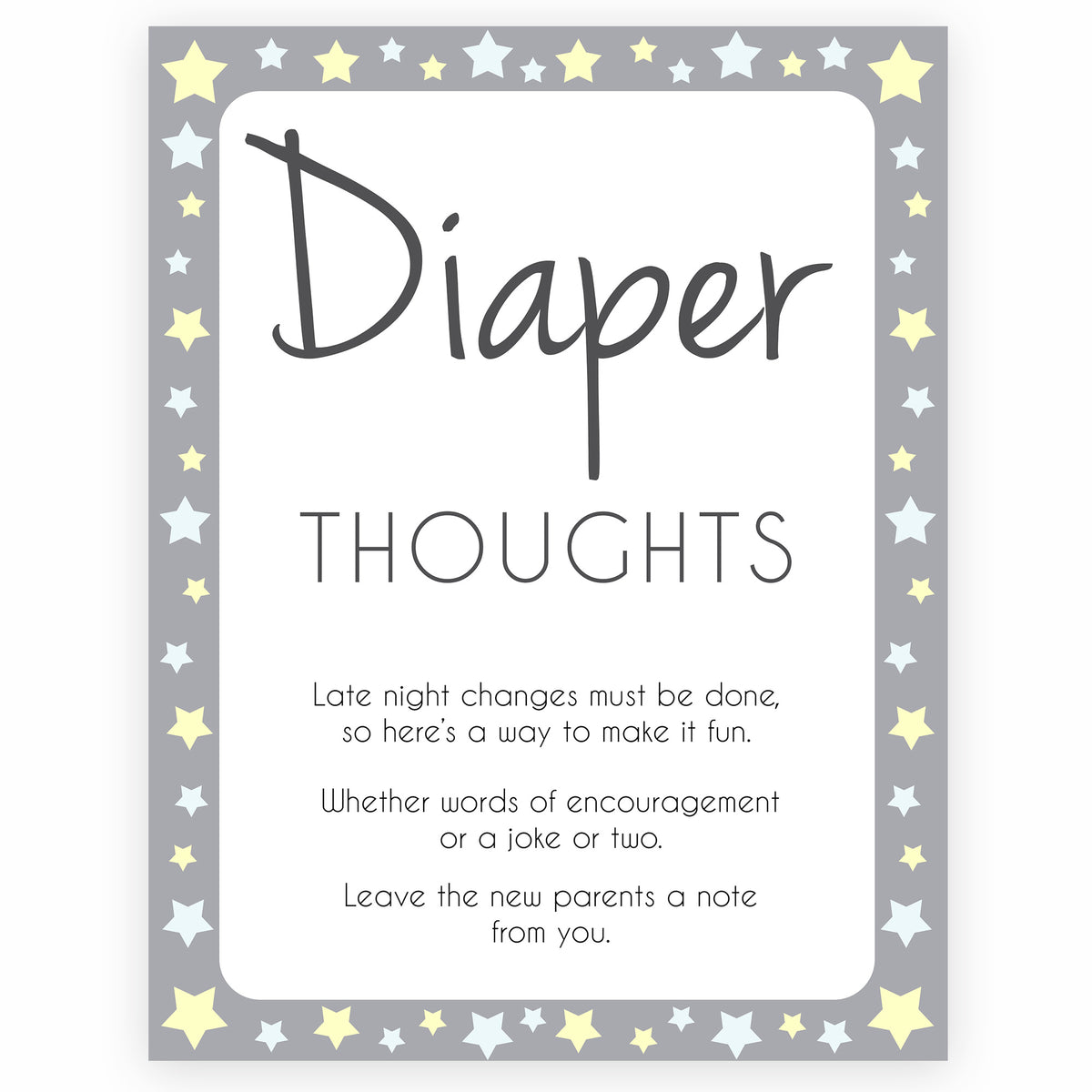 Diaper Thoughts | Grey Yellow Stars Printable baby shower Games