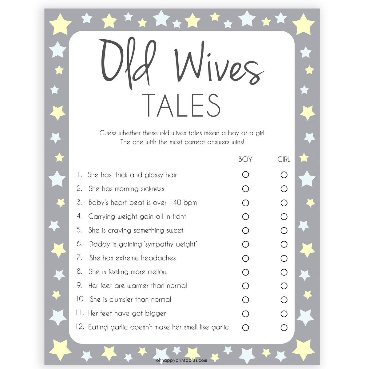 Old Wives Tales Game Grey Yellow Stars Printable Baby Games OhHappyPrintables