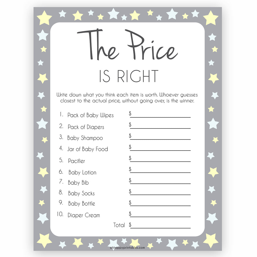 The Price is Right Game Grey & Yellow Printable Baby Shower Games