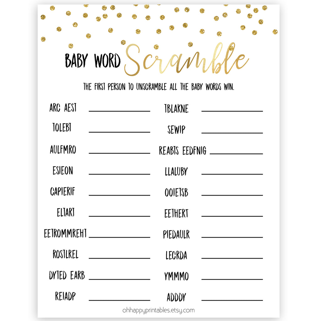 baby shower word scramble gold confetti baby shower games