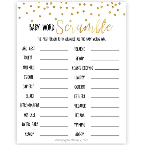 Baby Shower Word Scramble - Gold Confetti | Baby Shower Games ...