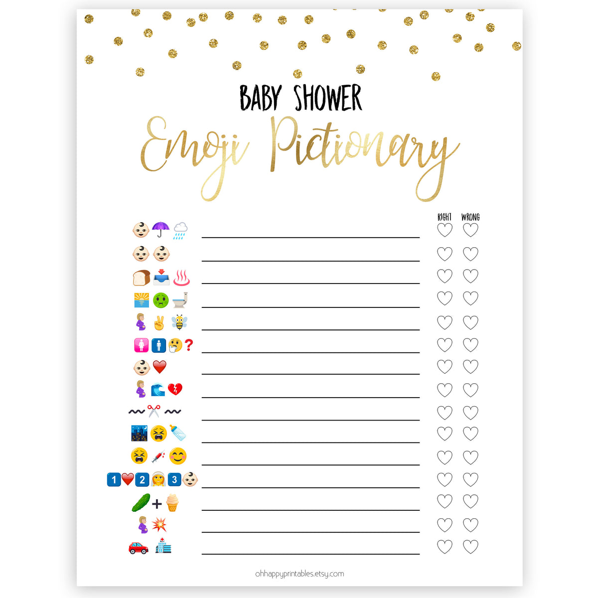 Baby Emoji Pictionary - Gold Glitter Printable Baby Shower Games ...