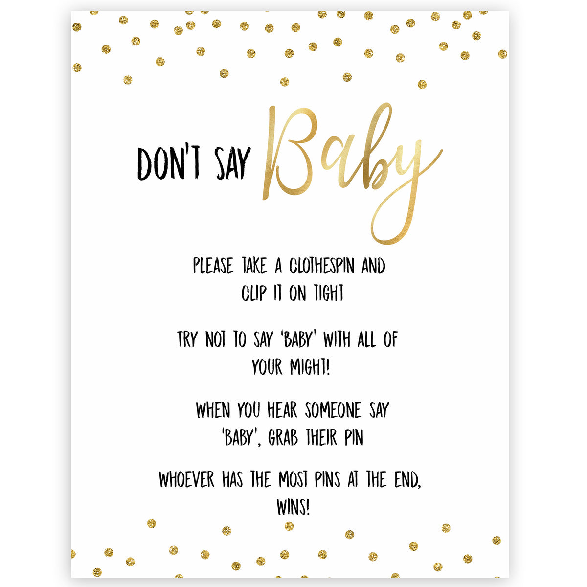 Don't Say Baby Game - Gold Glitter Printable Baby Shower Games