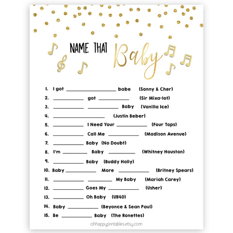 Name That Baby Song - Gold Glitter Printable Baby Shower Games ...