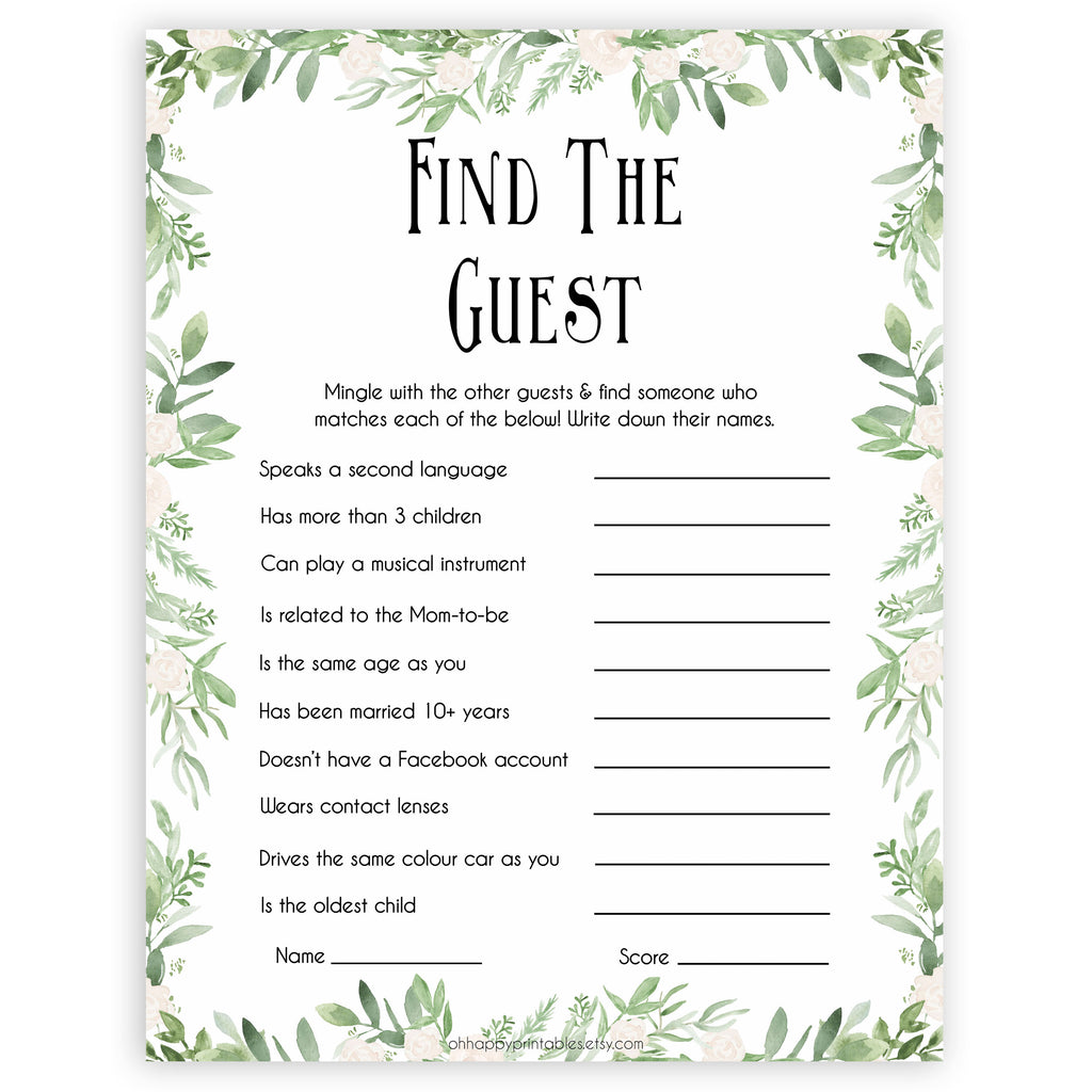 Find The Guest Baby Shower Games Greenery Printable Baby Games