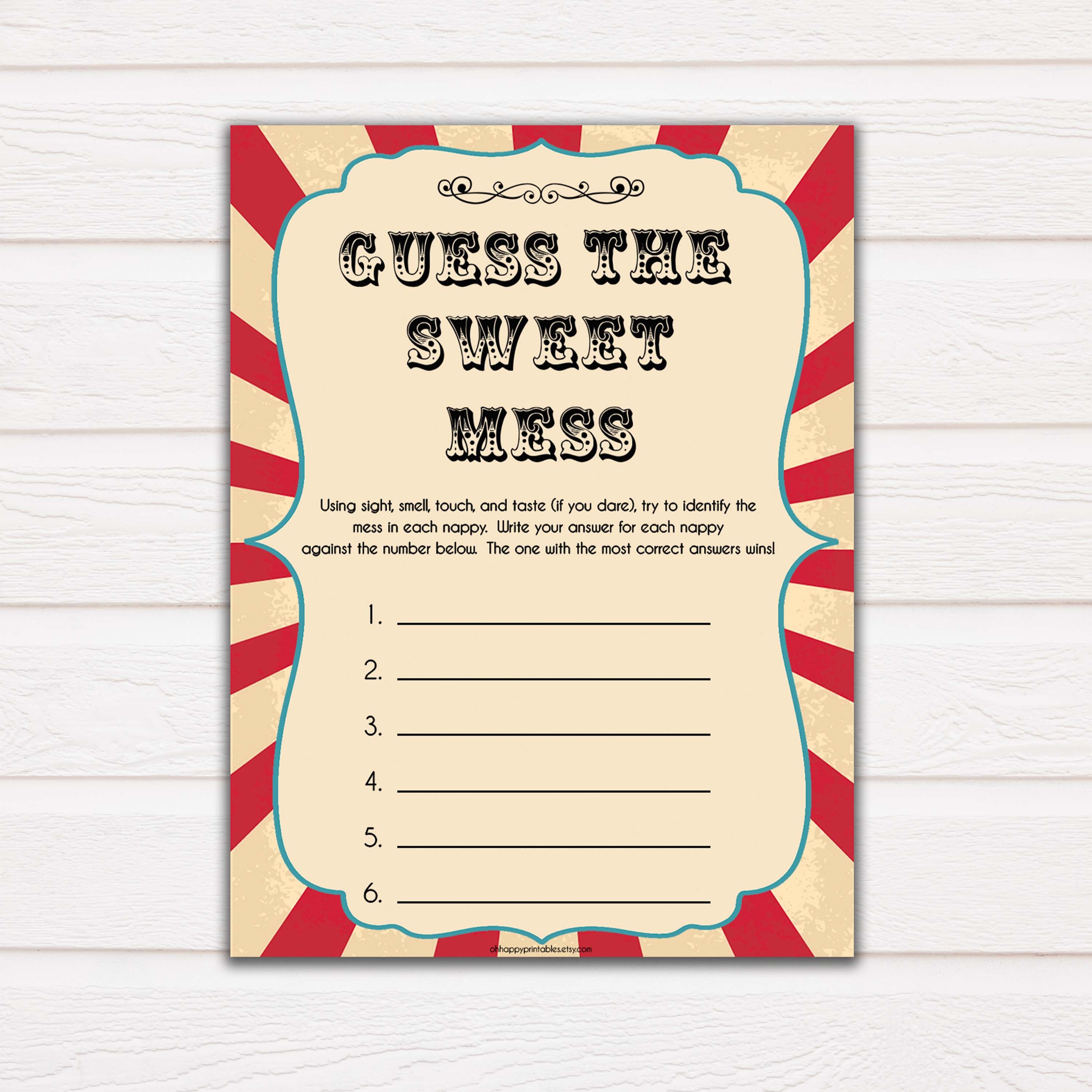 Guess The Sweet Mess - Printable Circus Baby Shower Games ...