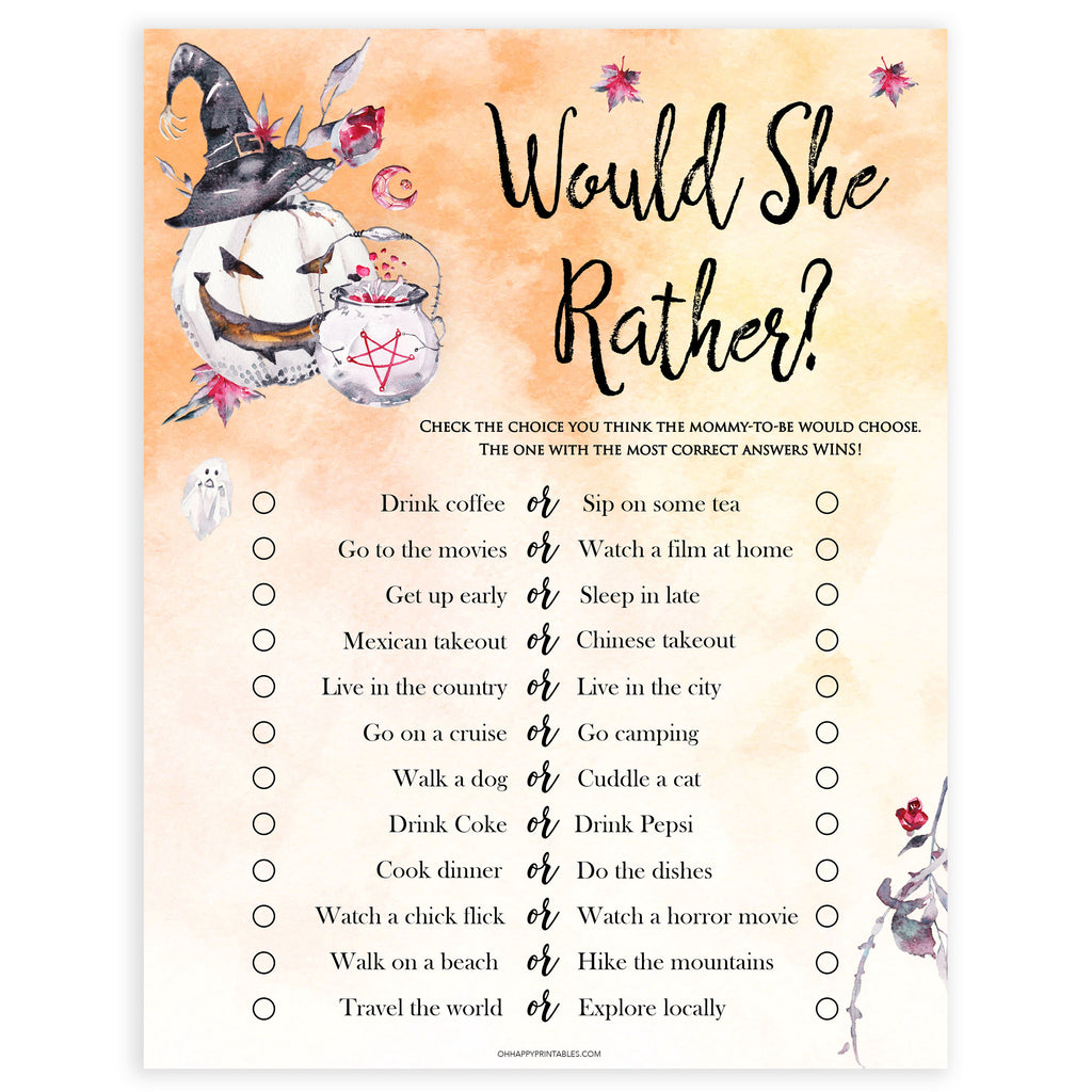 Would She Rather Printable Halloween Pumpkin Baby Shower Games