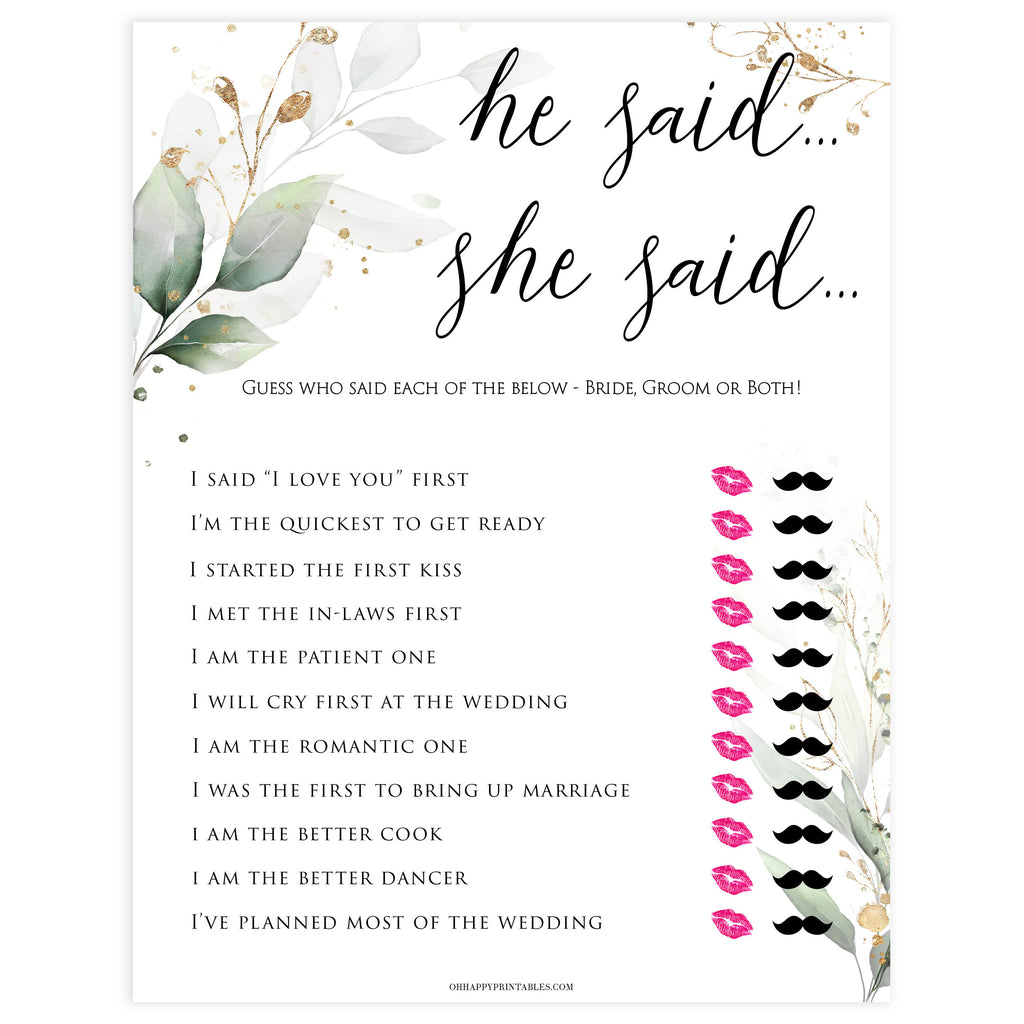 Bridal Shower Game Printable He Said She Said Party Supplies Paper