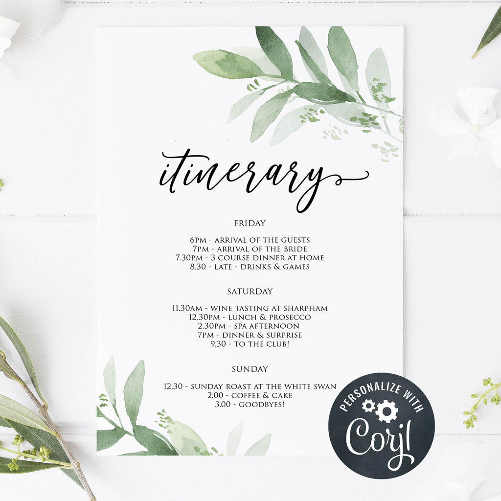 Greenery Editable Itinerary Template Bridal Shower Bachelorette Ohhappyprintables