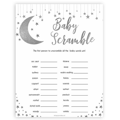 Baby Shower Word Scramble - Silver Little Star Printable Baby Games ...