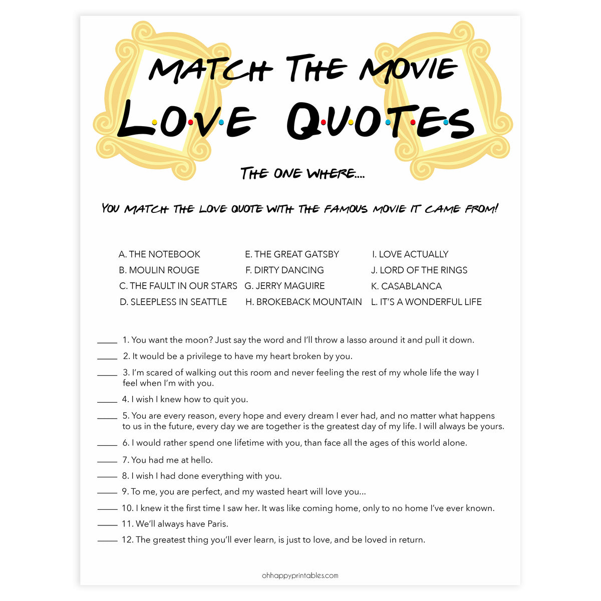 Movie Love Quotes Game - Printable Friends Bridal Shower Games ...