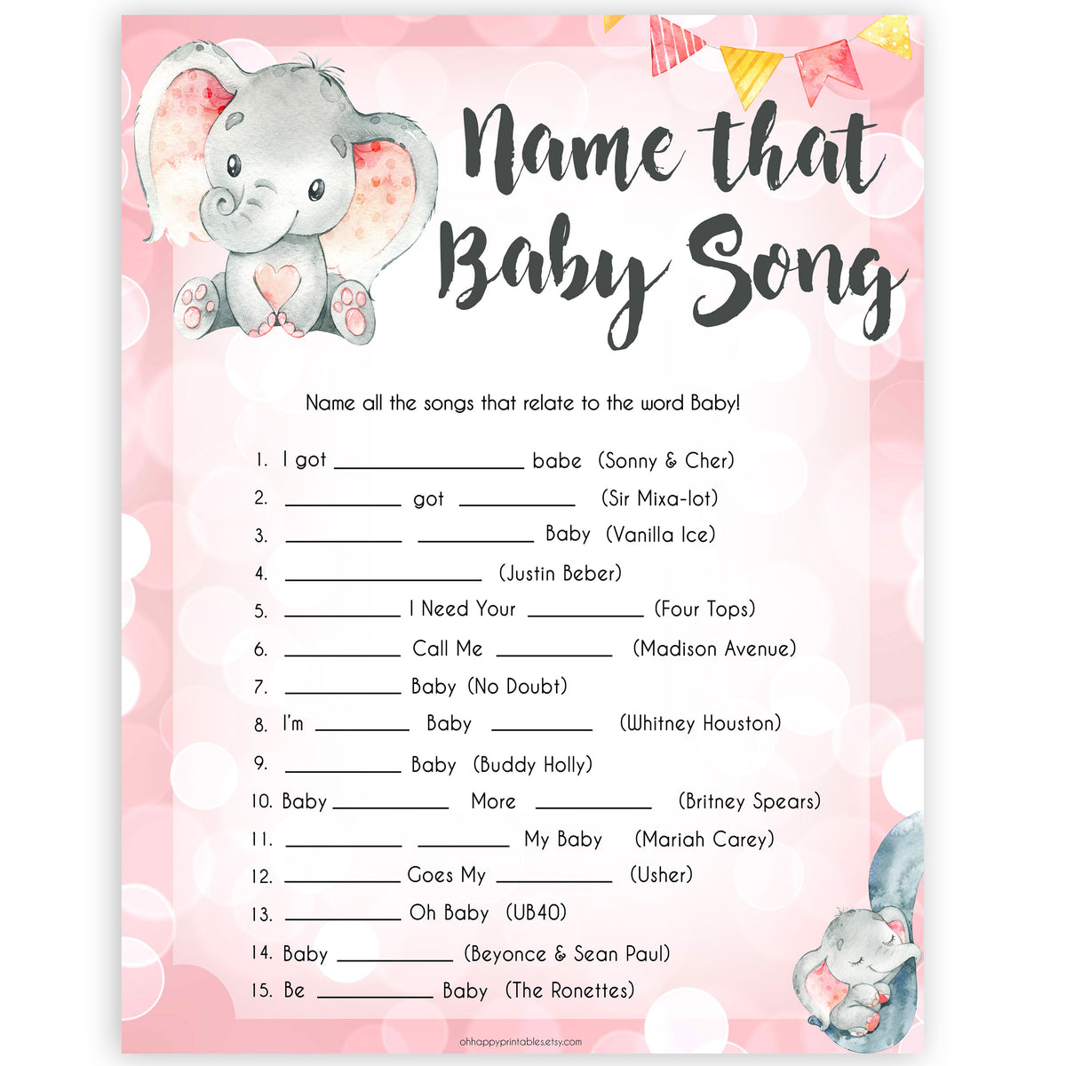 Name That Baby Song - Pink Elephant Printable Baby Shower Games - OhHappyPrintables