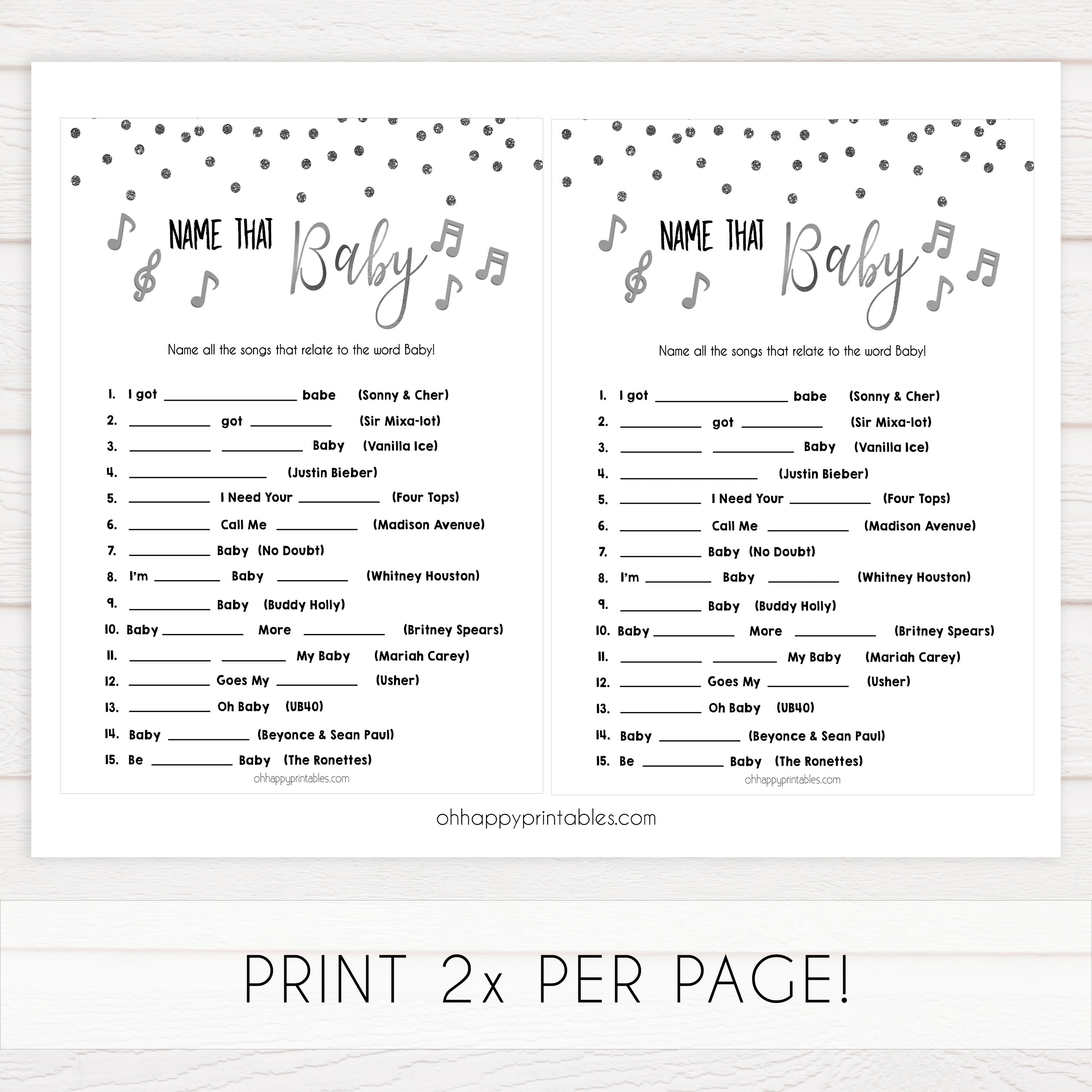 Name That Baby Song - Silver Glitter Printable Baby Games ...