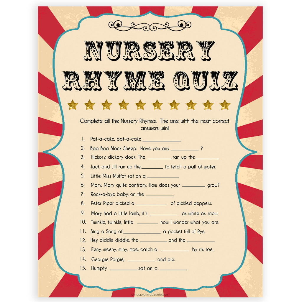 Nursery Rhyme Quiz Game Circus Printable Baby Games Ohhappyprintables