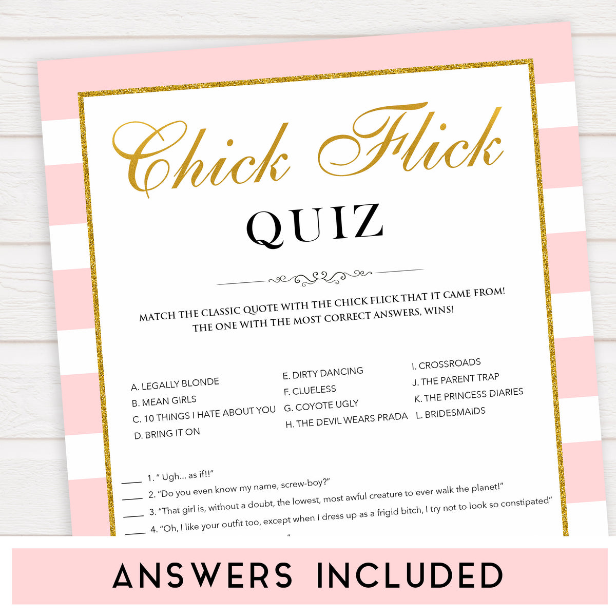 Chick Flick Movie Quiz | Bachelorette Games | Adult Games ...