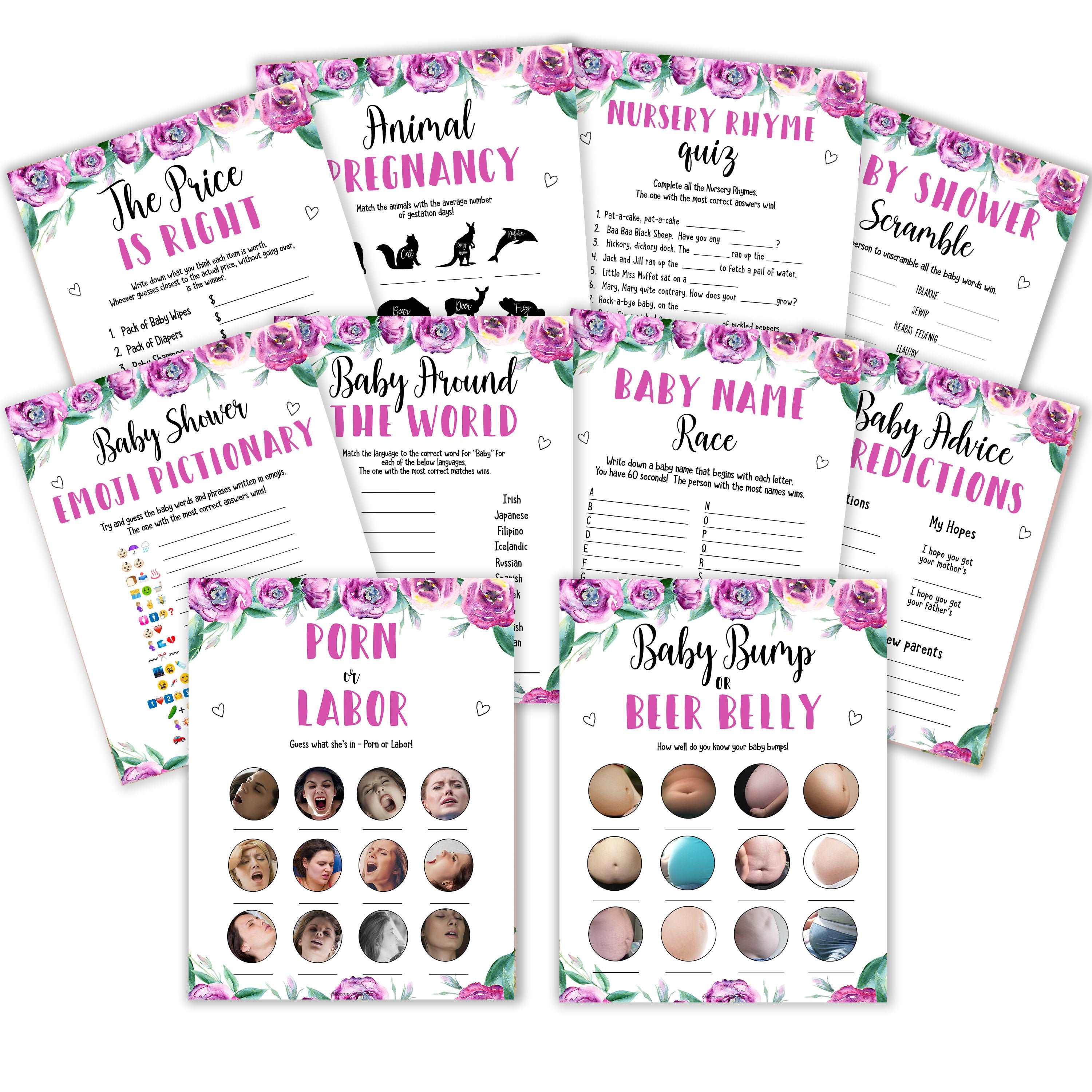 10 Purple Peonies Baby Shower Games Bundle - Printable Baby Shower ...