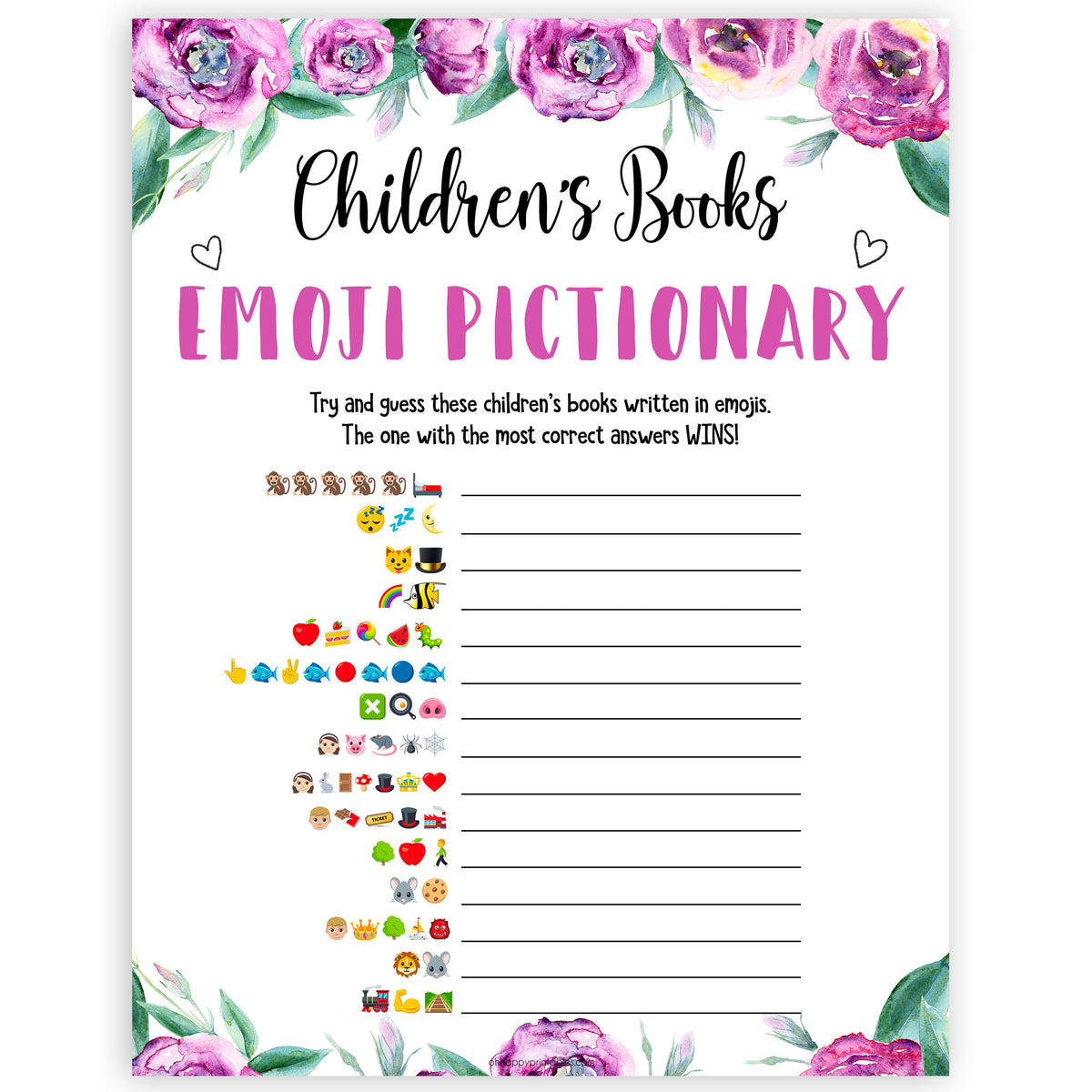 Childrens Books Emoji Pictionary - Purple Peonies Printable Baby Shower ...