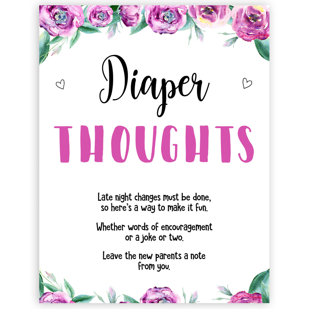 Diaper Thoughts Purple Peonies Printable Baby Shower Games