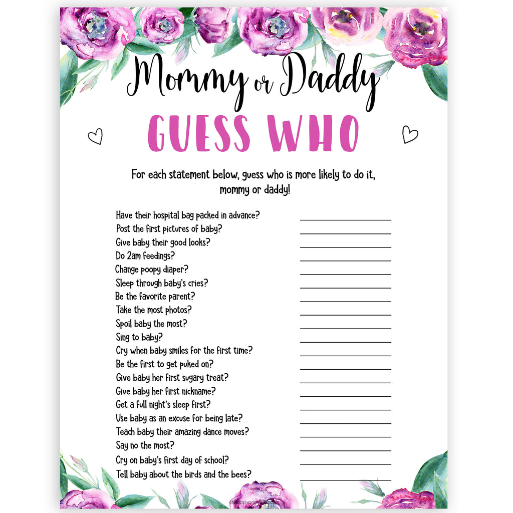 Guess Who S Most Like To Say Game Purple Peonies Baby Shower Games Ohhappyprintables