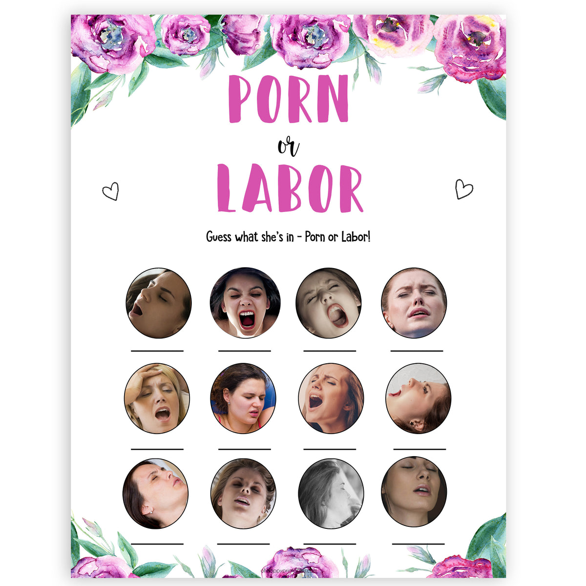 Porn Baby Shower - Porn or Labour Baby Shower Game - Purple Peonies Printable Baby Shower  Games â€“ OhHappyPrintables