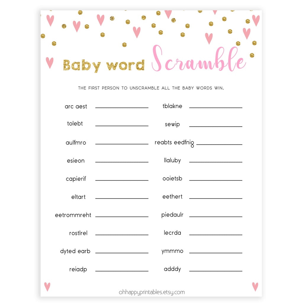 Baby Shower Word Scramble - Pink Hearts Baby Shower Games ...