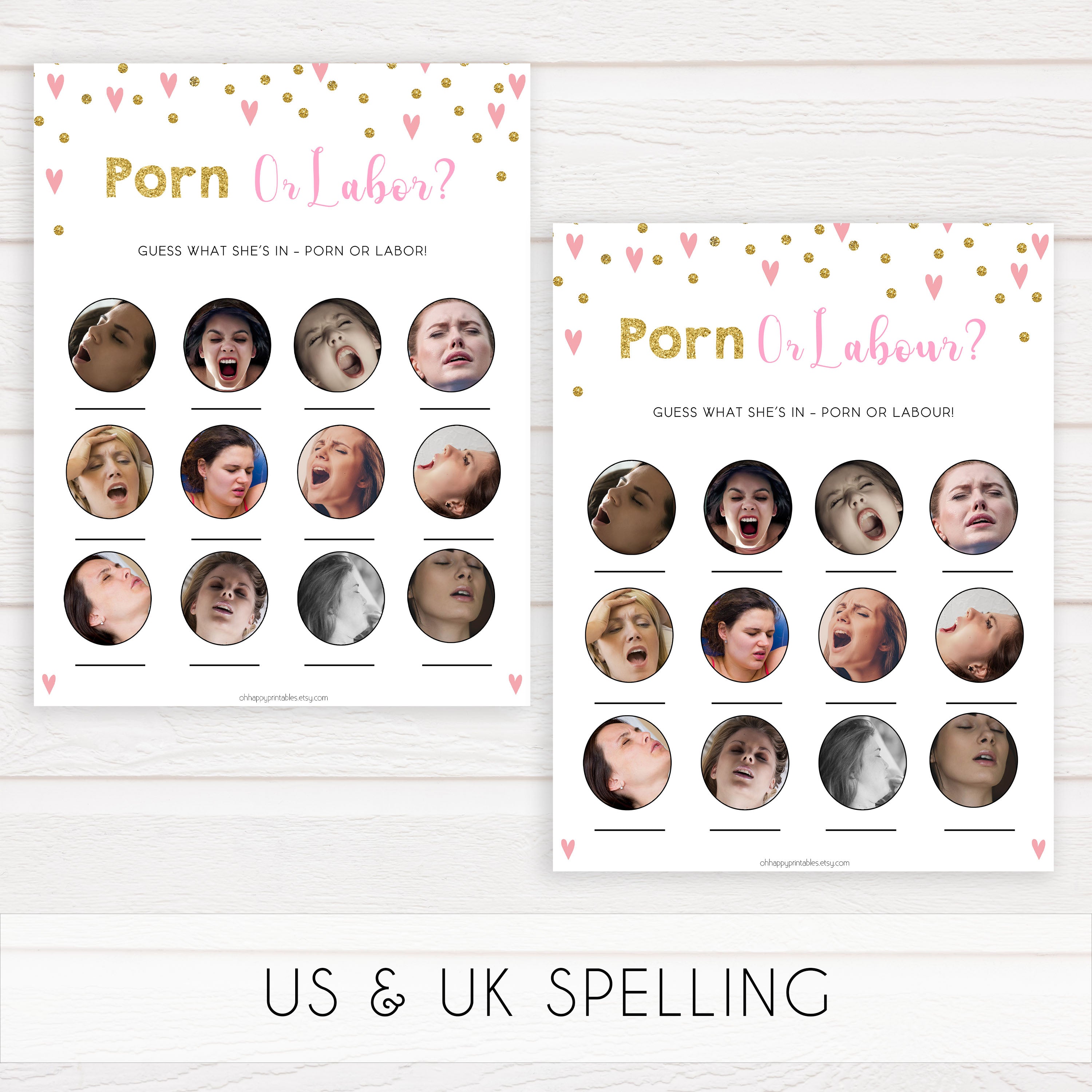 3000px x 3000px - Porn or Labour Baby Shower Game - Pink Hearts | Baby Shower Games â€“  OhHappyPrintables