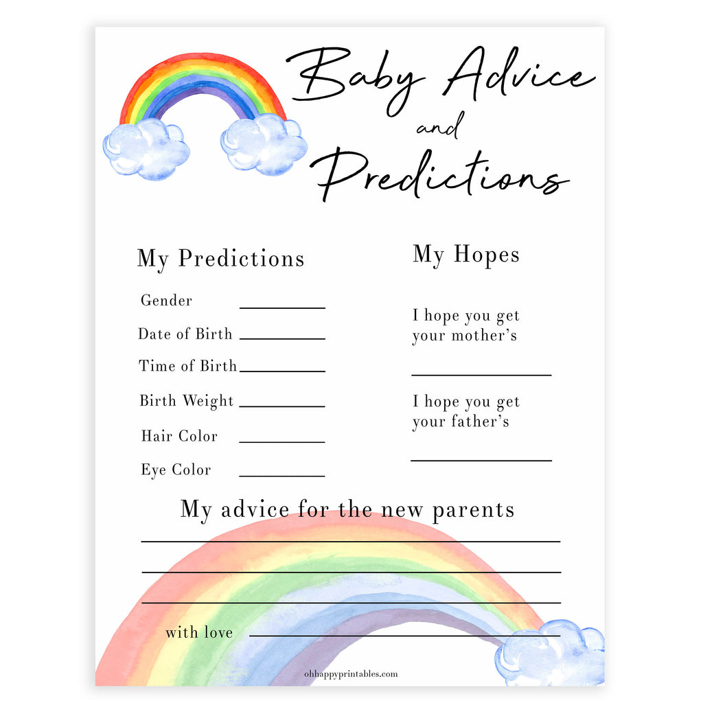 New Baby Advice Predictions Card Rainbow Printable Baby Games Ohhappyprintables
