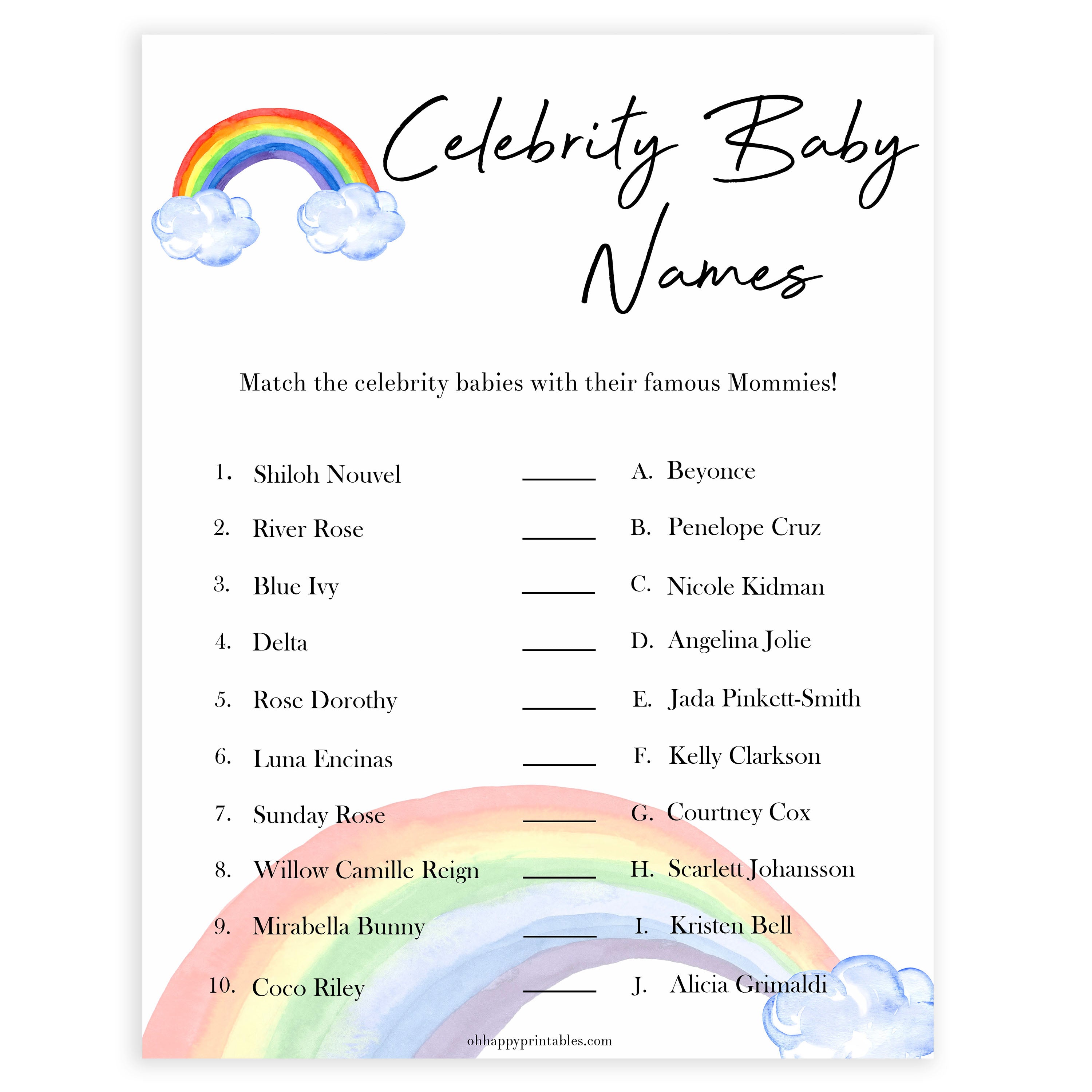 Match The Celebrity Baby Names Rainbow Printable Baby Games Ohhappyprintables