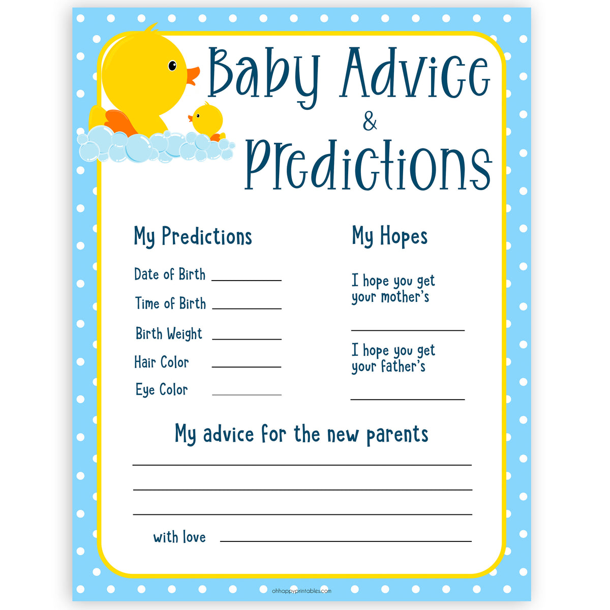 New Baby Advice Predictions Card Rubber Ducky Printable Baby Games 