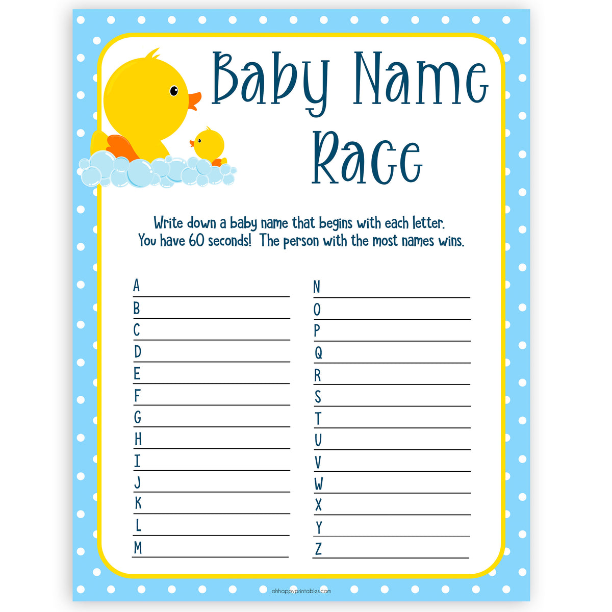 Baby Name Race Game Printable Rubber Ducky Baby Shower Games