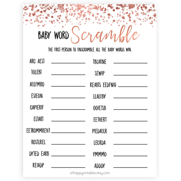 Baby Shower Word Scramble - Rose Gold Printable Baby Shower Games