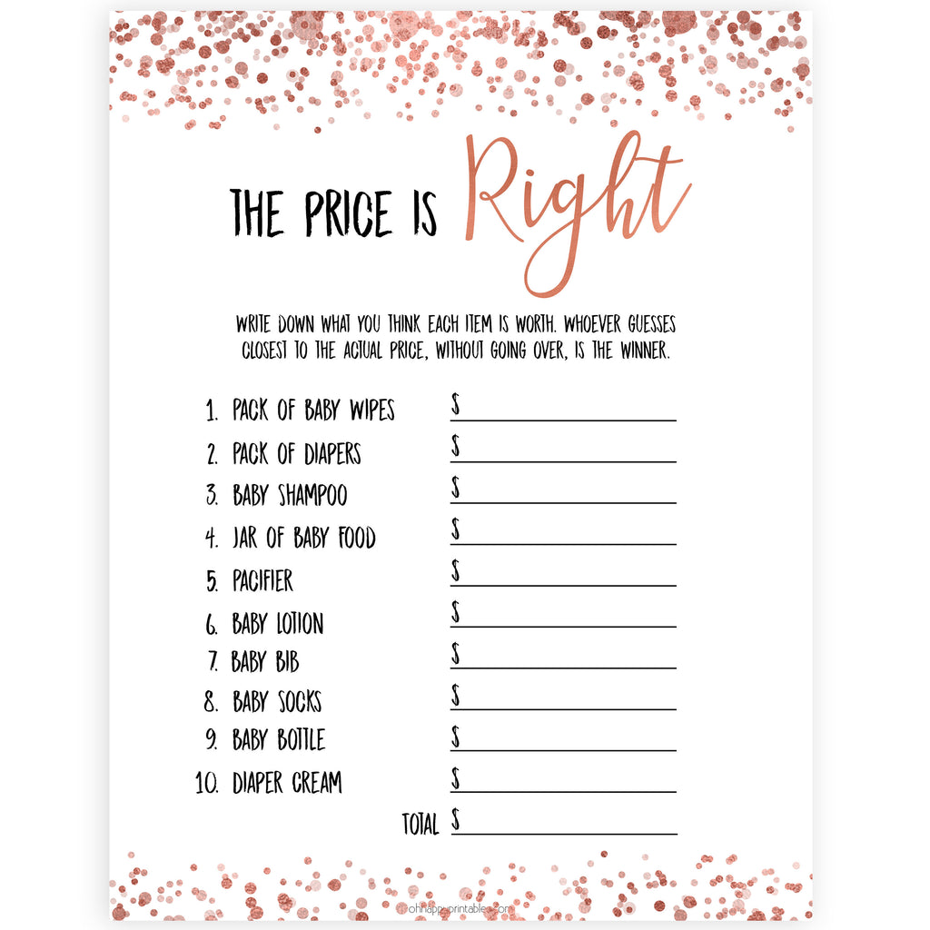 The Price is Right Game Rose Gold Printable Baby Shower Games
