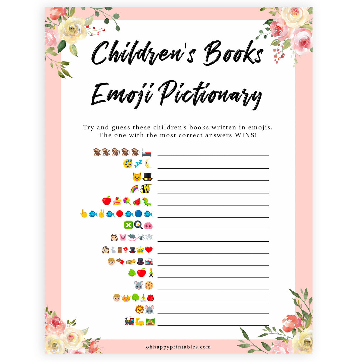 Childrens Books Emoji Pictionary - Floral Printable Baby Shower Games ...