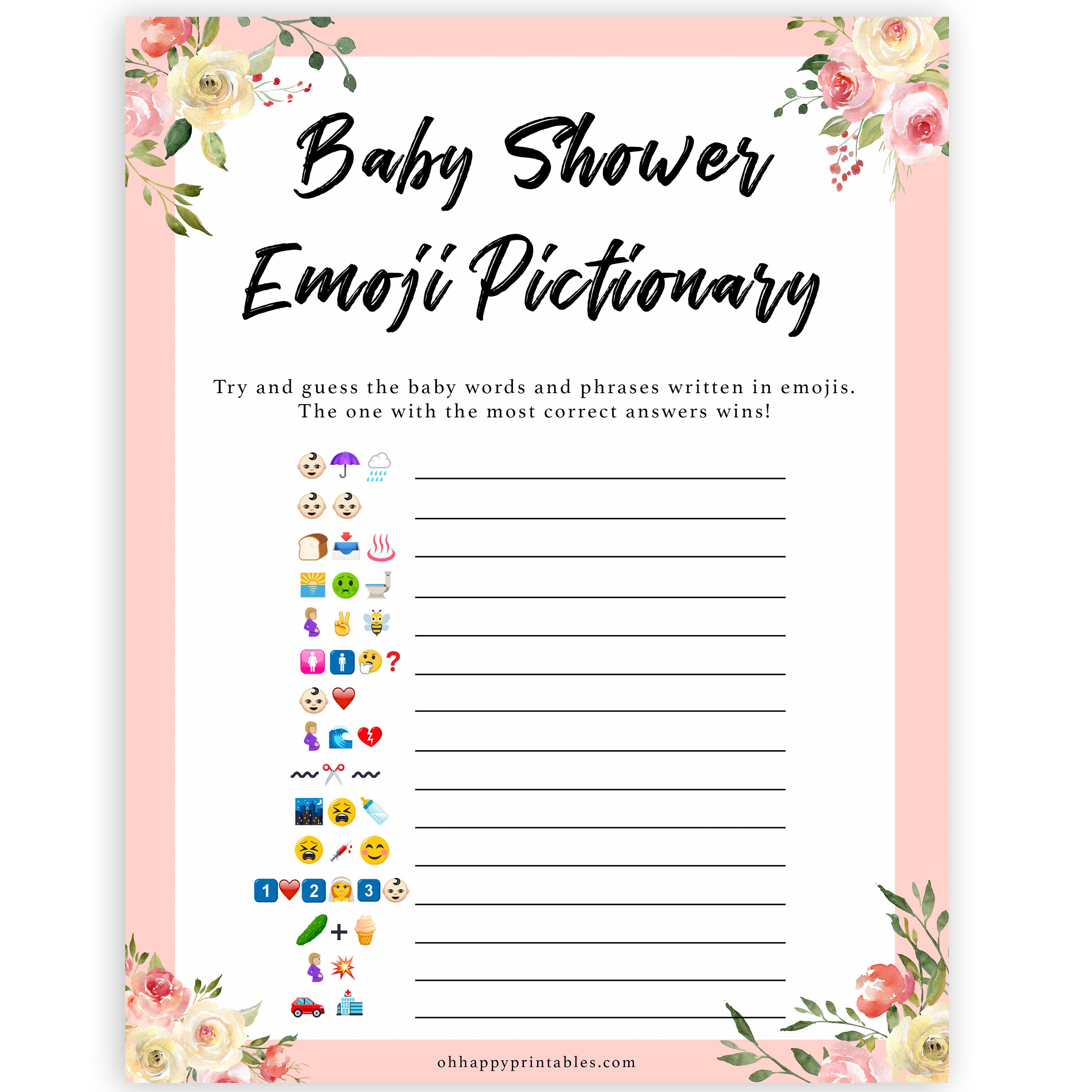 Baby Emoji Pictionary Printable Spring Floral Baby Shower Games