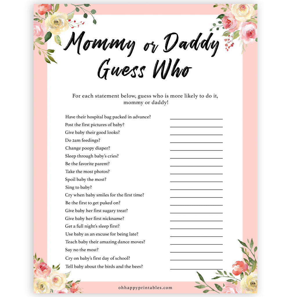 Guess Who S Most Like To Say Baby Game Spring Floral Baby Shower Games Ohhappyprintables